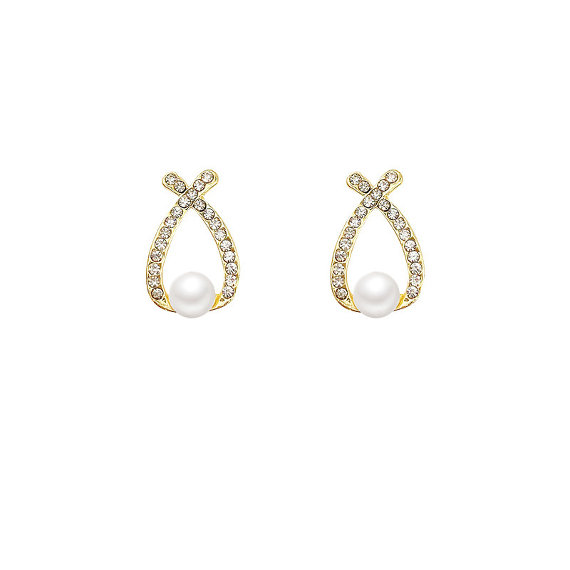 S925 Silver needle, with a niche design sense, cross full diamond pearl stud earrings, a new trendy and trendy women's light luxury versatile earring Item Picture