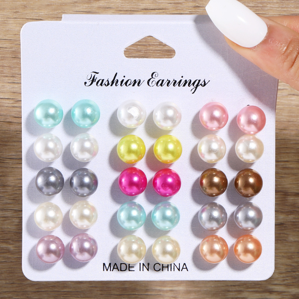 Cross-border best-selling geometric colored dopamine stud earrings, simple and elegant artificial pearl stud set of 15 pieces full figure