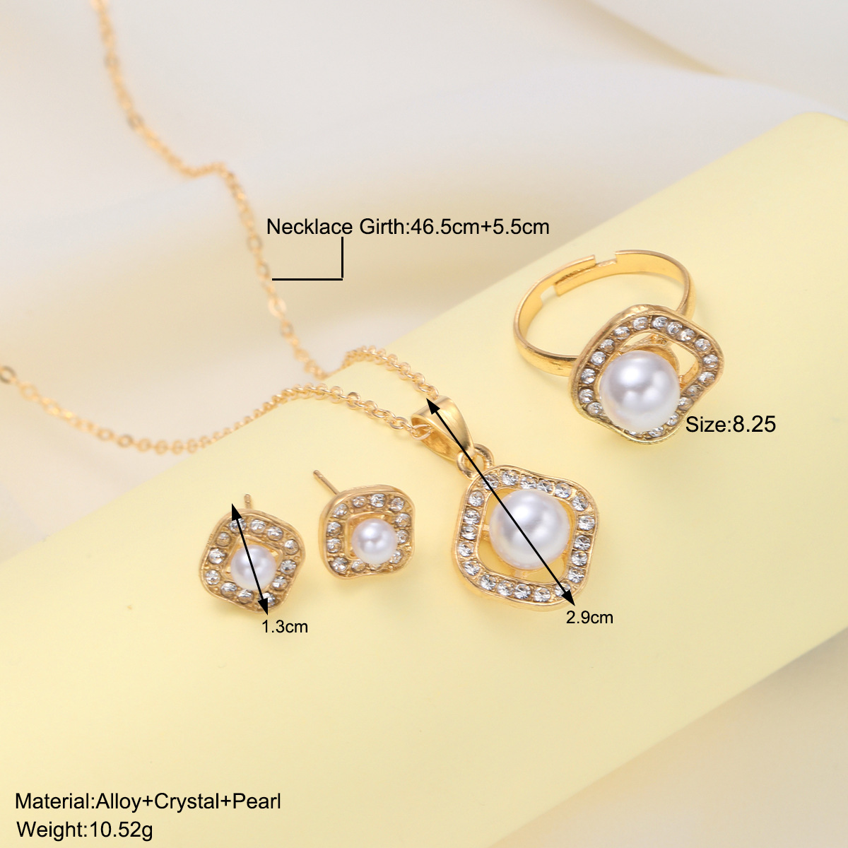 A new cross-border fashion, creative and high-end design set of square imitation pearl earrings, rings and necklaces with rhinestones details Picture