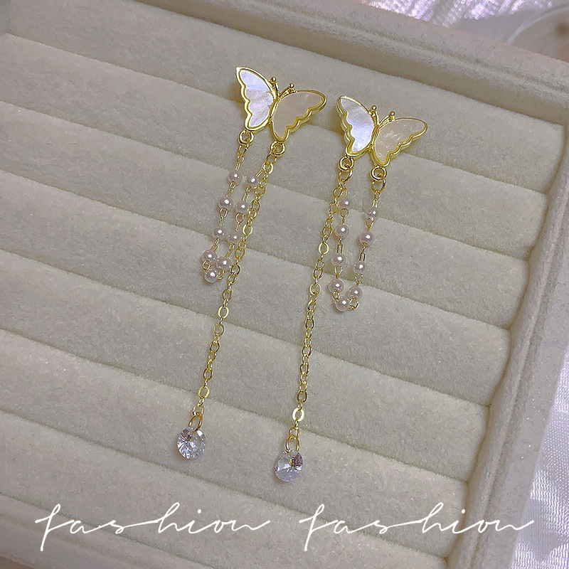 Super fairy-like mother-of-pearl butterfly pearl tassel earrings, with a unique and versatile design, long silver needle stud earrings, and slimming and face-enhancing earrings Specification drawing