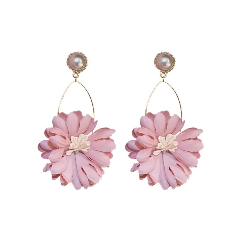 Sweet pink flower pearl earrings, gentle and elegant in early spring and summer, high-end earrings, exaggerated vacation style earrings Item Picture