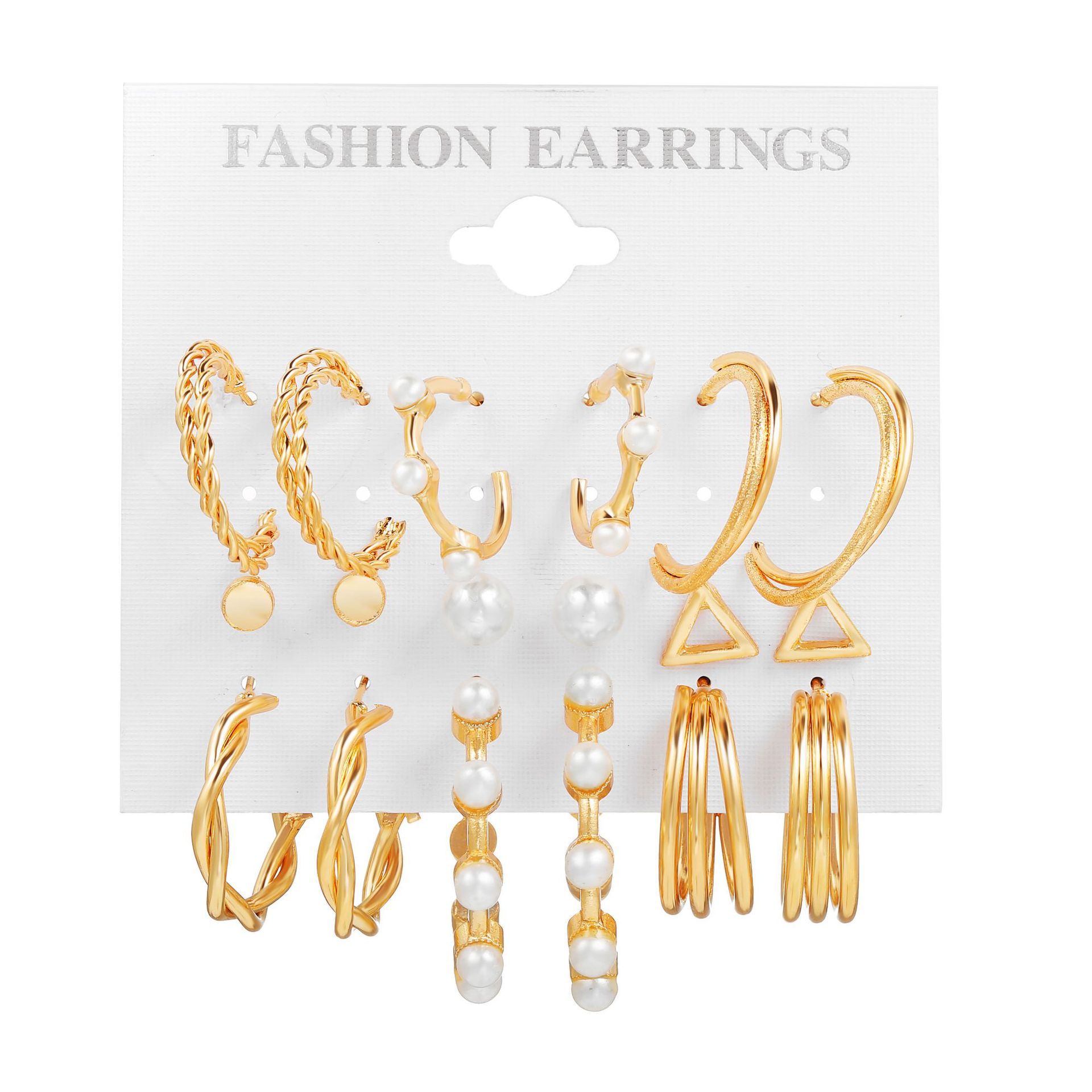 52251 European and American cross-border best-selling C-shaped earrings, retro imitation pearl ring earrings Set of Nine pieces Item Picture