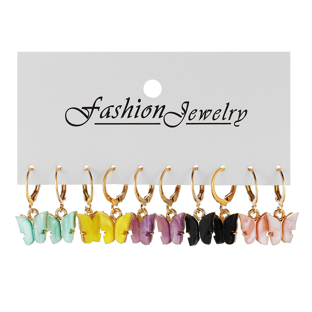 Wholesale of new cross-border acrylic butterfly earrings set of 5 pairs, creative and simple colorful butterfly pendant earrings Item Picture