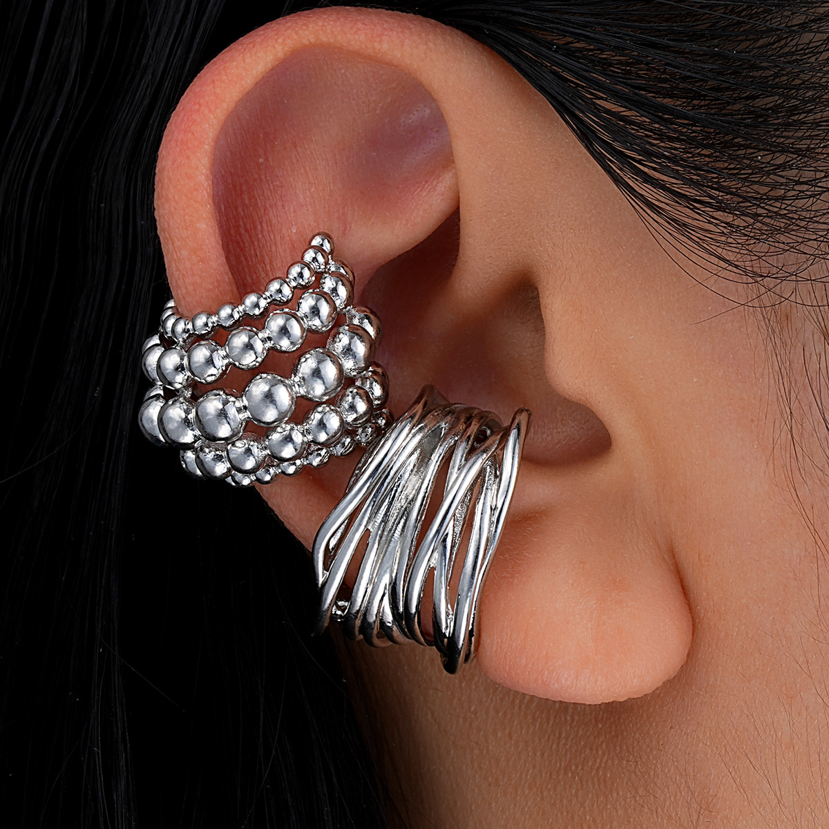 2-piece set of cross-border European and American creative high-end wound multi-layer round bead ear clips, eco-friendly copper round bead ear clips without ear holes full figure