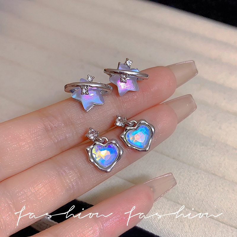 Blue starry sky stud earrings for women, five-pointed star diamond earrings, a niche design, 925 silver needle earrings, new 2024 style full figure