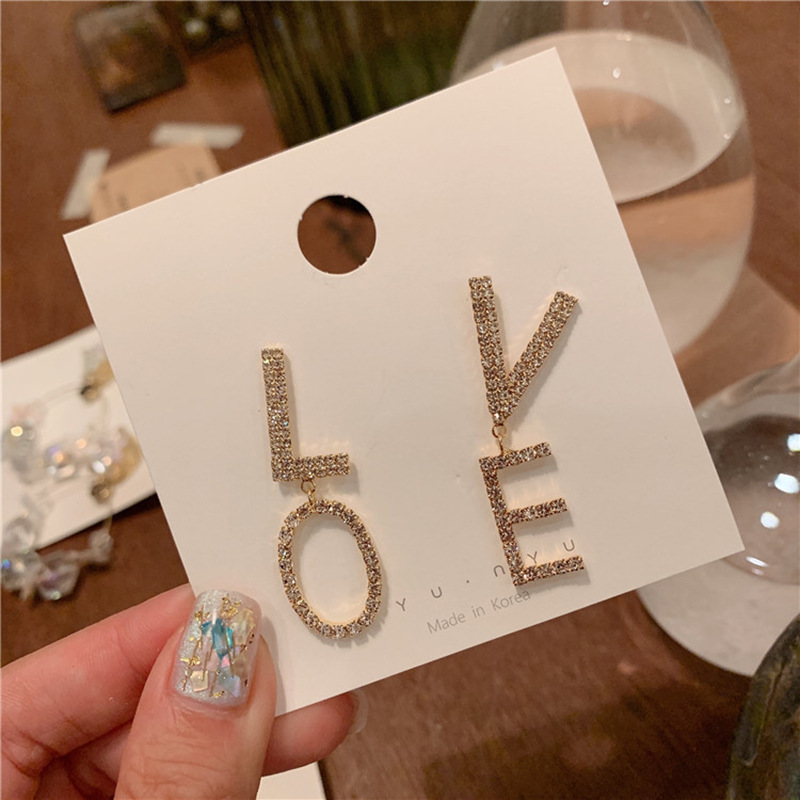 The new Korean S925 silver needle full diamond "LOVE" letter earrings are a popular, stylish and versatile accessory for women full figure