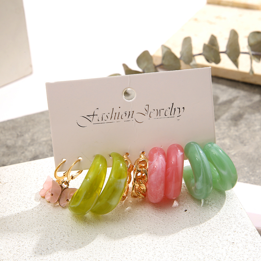 New cross-border acrylic butterfly earrings from Europe and America, creative circle C-shaped resin earrings set of 5 pieces chain earrings Application Scenario