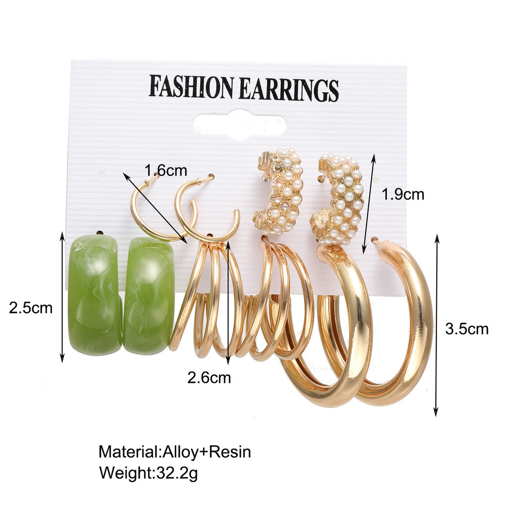 Pinduoduo's cross-border best-selling metal C-shaped earrings, acrylic ear ring set, 5-piece set of imitation pearl earrings details Picture