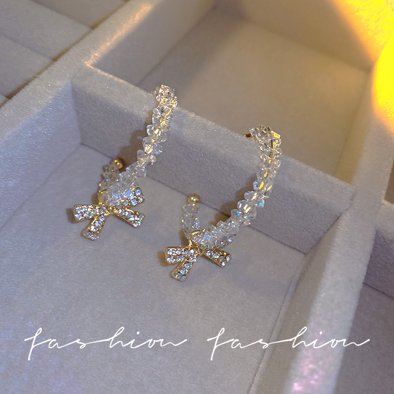 The new 2023 Super fairy bow zircon stud earrings feature a simple and niche design with a high-end crystal beaded look for women details Picture