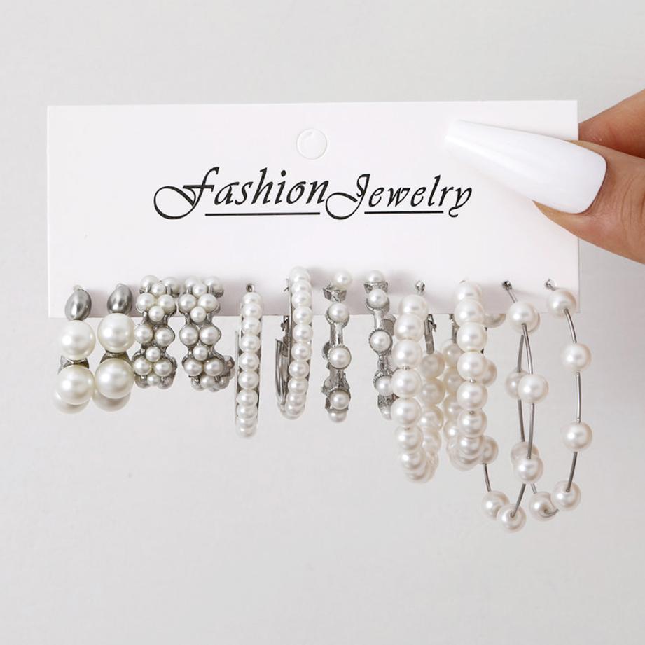 Cross-border metal earrings High-end earring set 6-piece geometric square vintage pearl earrings earrings full figure