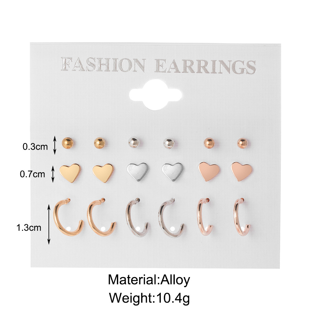 New European and American foreign trade earrings, creative heart-shaped stud earrings, women's ins style earrings, stud earrings, simple ear ring set 9-piece set details Picture