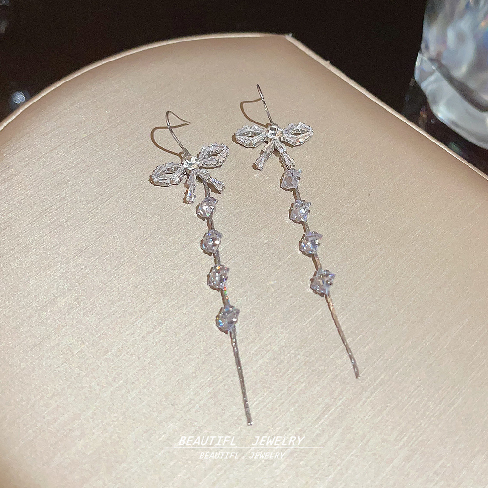 Super fairy bow tassel zircon earrings for women 2025 New bestseller Stud earrings, niche high-end ear hook earrings details Picture