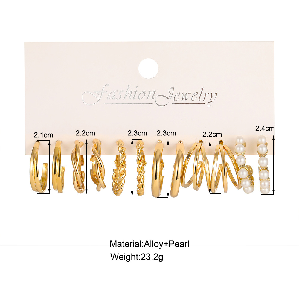A new cross-border personalized metal three-tube twist earring set of 6 pieces, featuring personalized ins ear rings and golden C-shaped earrings details Picture