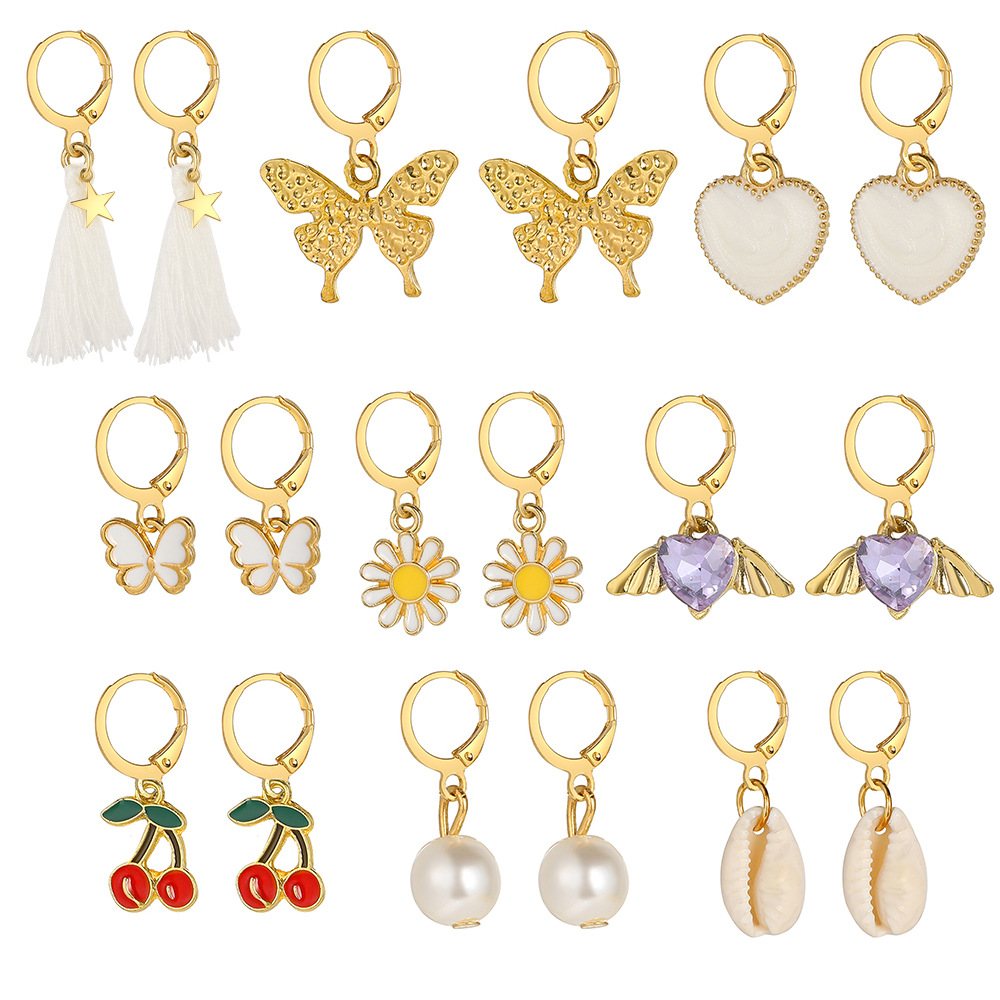 Wholesale of 9 pairs of creative butterfly heart cherry imitation pearl ear buckles in the new cross-border alloy rhinestone earring set Item Picture