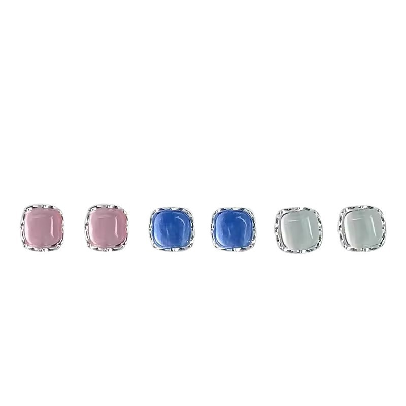 Colorful cat's eye stone silver needle stud earrings set for women, Korean style, fresh and simple earrings, small, exquisite and high-end earrings Item Picture