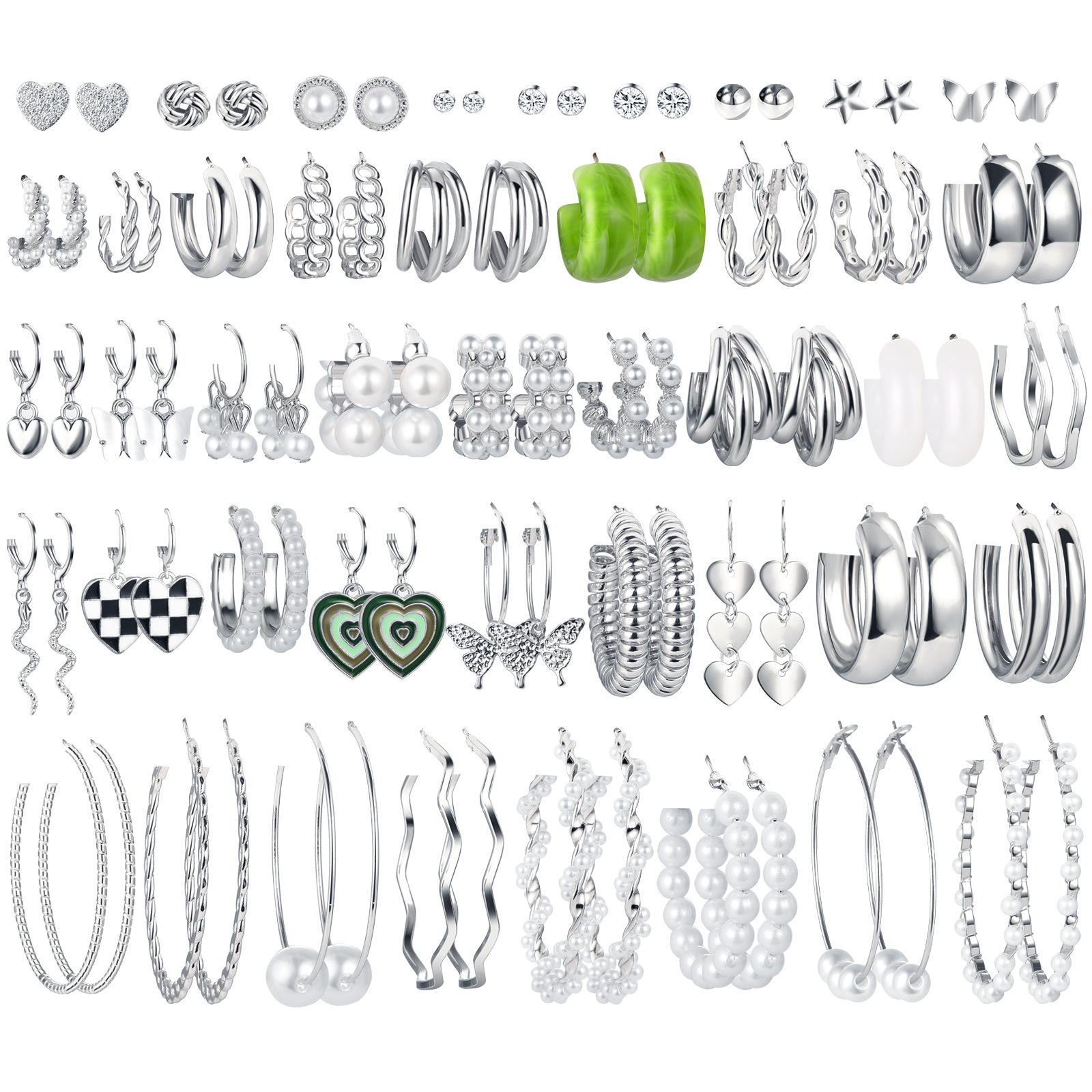 Amazon Cross-border best-selling heart-shaped butterfly imitation pearl earring set, a 44-piece set of women's fashionable and elegant earrings Item Picture