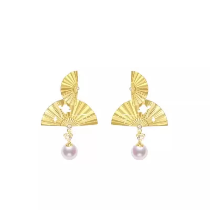 New Chinese-style stud earrings, gold fan pearl niche earrings, light luxury style, high-end feel, bridal morning dress earrings for women Item Picture
