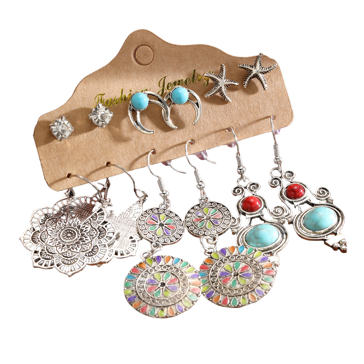 A set of 6-piece cross-border Bohemian-style turquoise carved earrings for women, featuring a retro and individualistic style Item Picture