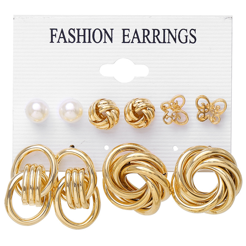 A 6-piece set of European and American metal circle chain stud earrings, creative and personalized cross-border heart-shaped pins, butterfly earrings for women Specification drawing