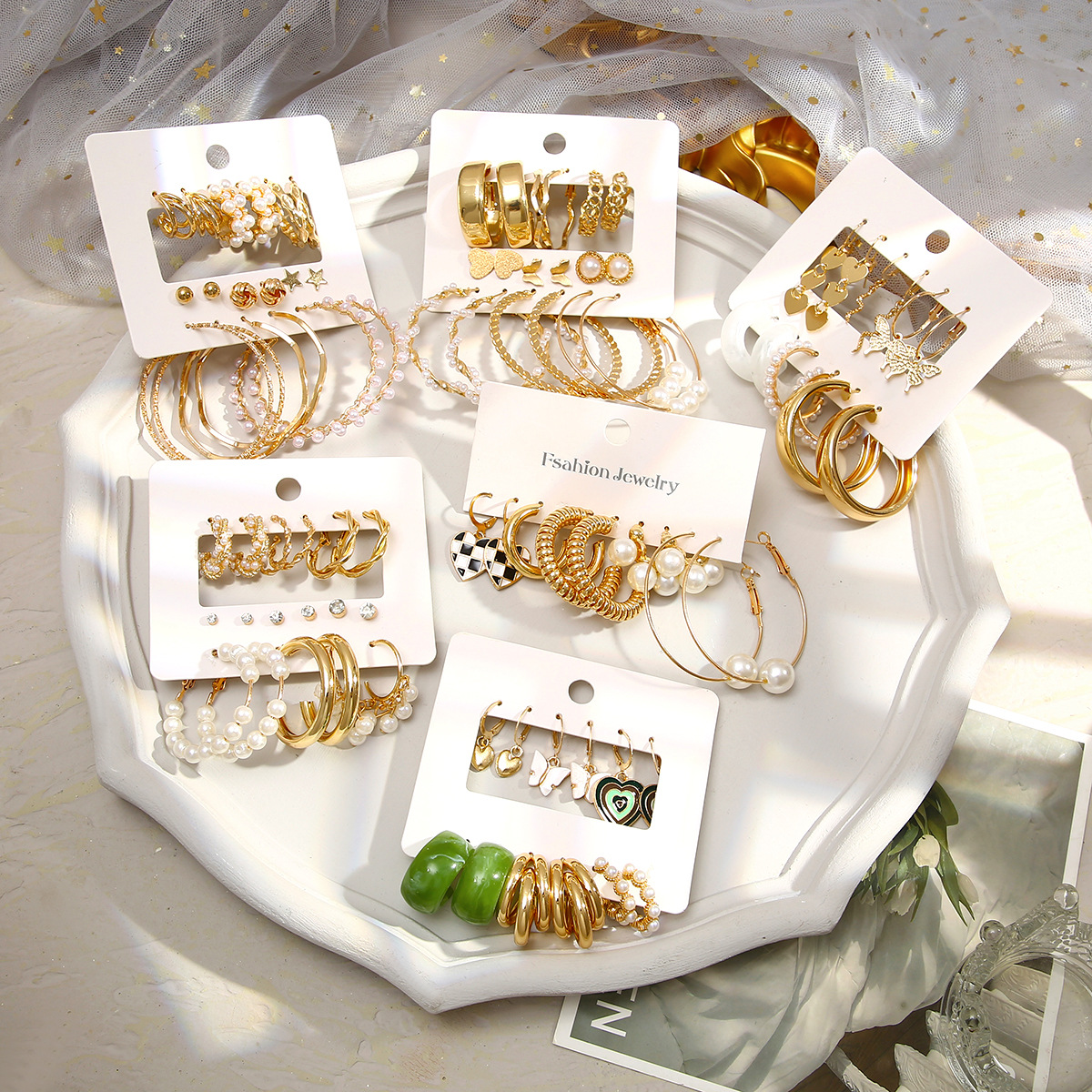 Amazon Cross-border best-selling heart-shaped butterfly imitation pearl earring set, a 44-piece set of women's fashionable and elegant earrings details Picture