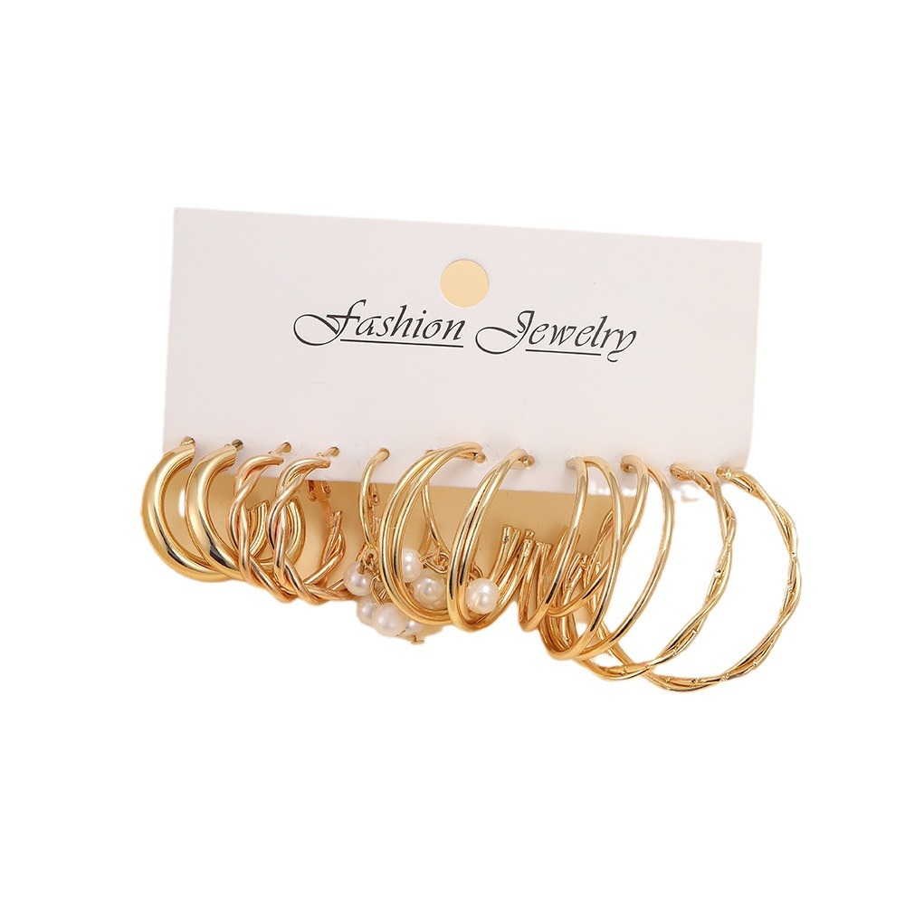 A set of 6-piece cross-border best-selling golden twisted pearl imitation earrings, C-shaped stylish earrings and earrings Item Picture