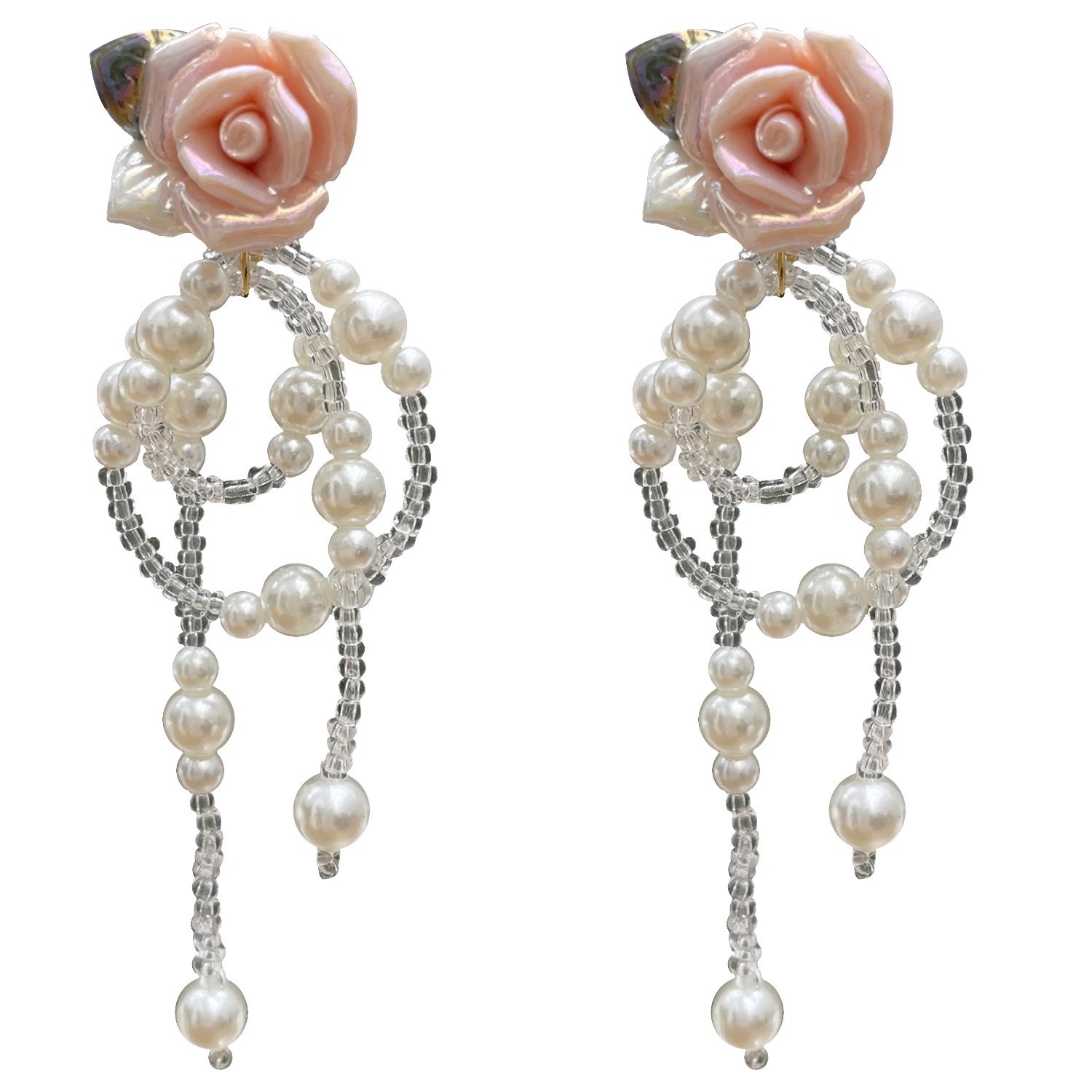 Super ethereal pink rose flower pearl tassel earrings for women, light luxury, sweet and elegant, exquisite and high-end earrings Item Picture