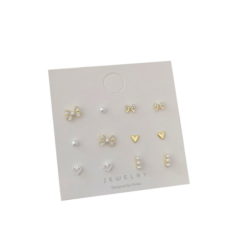 A six-piece set of Japanese and Korean style heart-shaped pearl bow earrings, small and versatile for women, trendy high-end earrings and earrings Item Picture