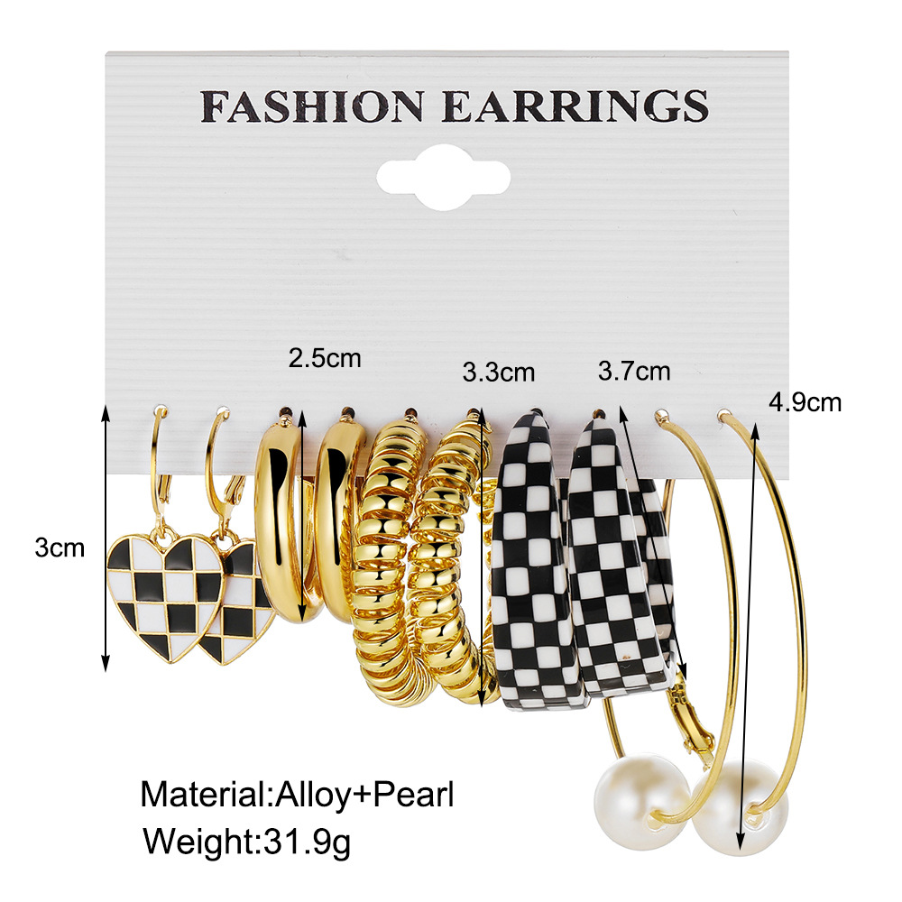 European and American style metal ear rings, creative oil-dripping heart earrings and pendants, ins black and white checkerboard pattern earrings and pendants wholesale details Picture