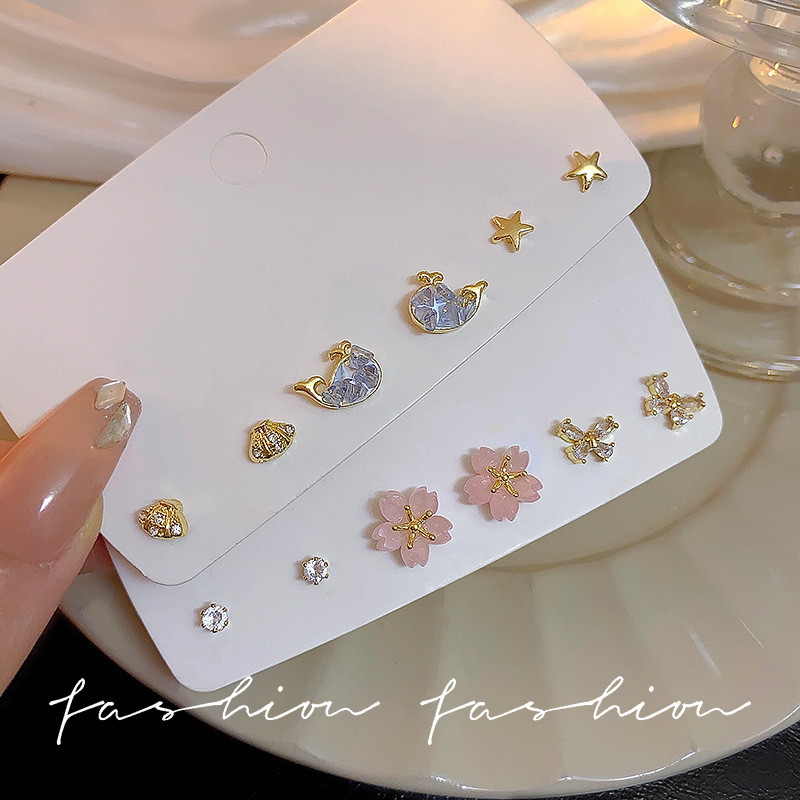 Silver needle Korean-style butterfly stud earrings, fresh, sweet and cute flower earrings, elegant zircon six-piece set of earrings Specification drawing