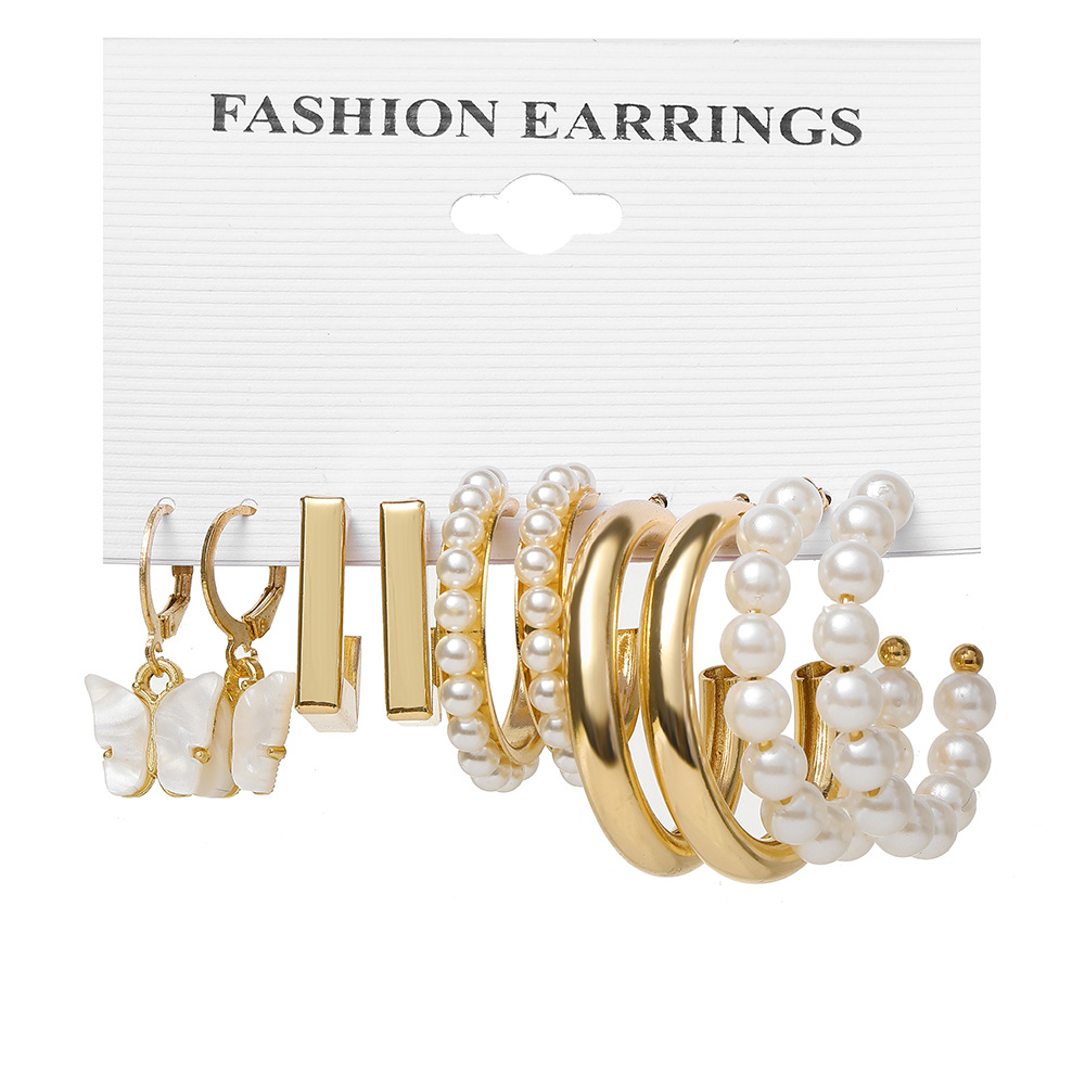 Wholesale of new cross-border inlaid pearl-like women's earrings, creative, simple and retro style ear ring set of 5 pieces Item Picture