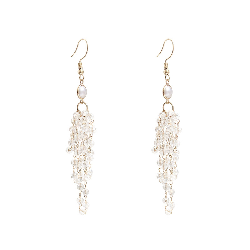 Korean Daedongmun tassel crystal pearl earrings, long and unique tassel earrings, niche design, light luxury earrings Item Picture