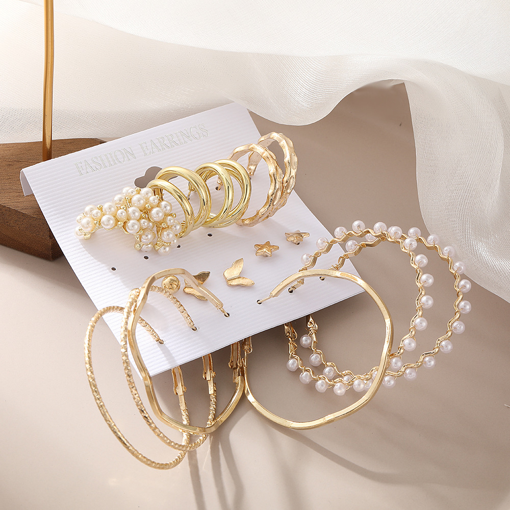 A new set of 9-piece retro women's earrings with imitation pearls, featuring cross-border geometric butterfly ear rings from Europe and America for women Specification drawing