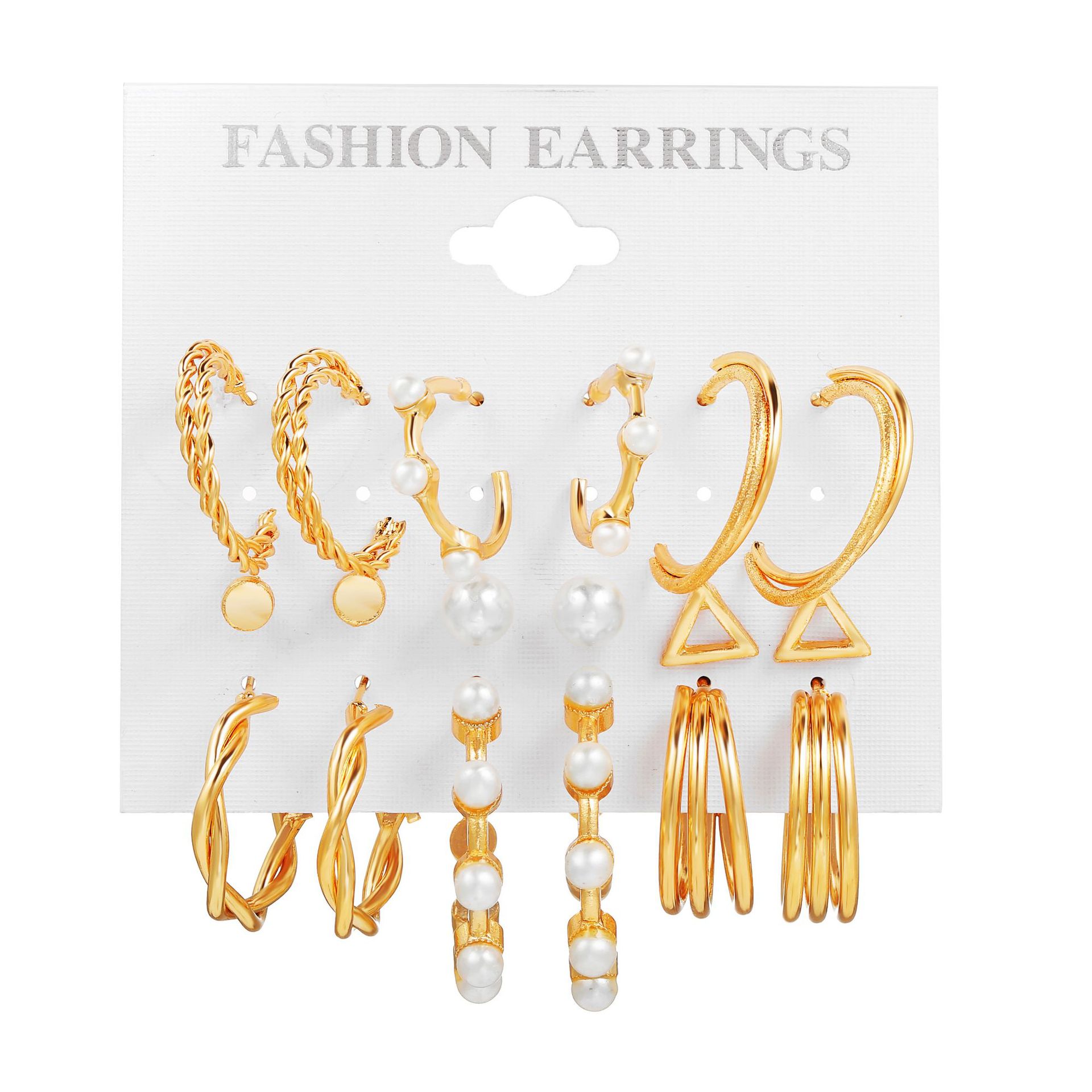Wholesale of popular C-shaped earrings from Europe and America, creative retro imitation pearl circle earrings set of nine pieces Item Picture