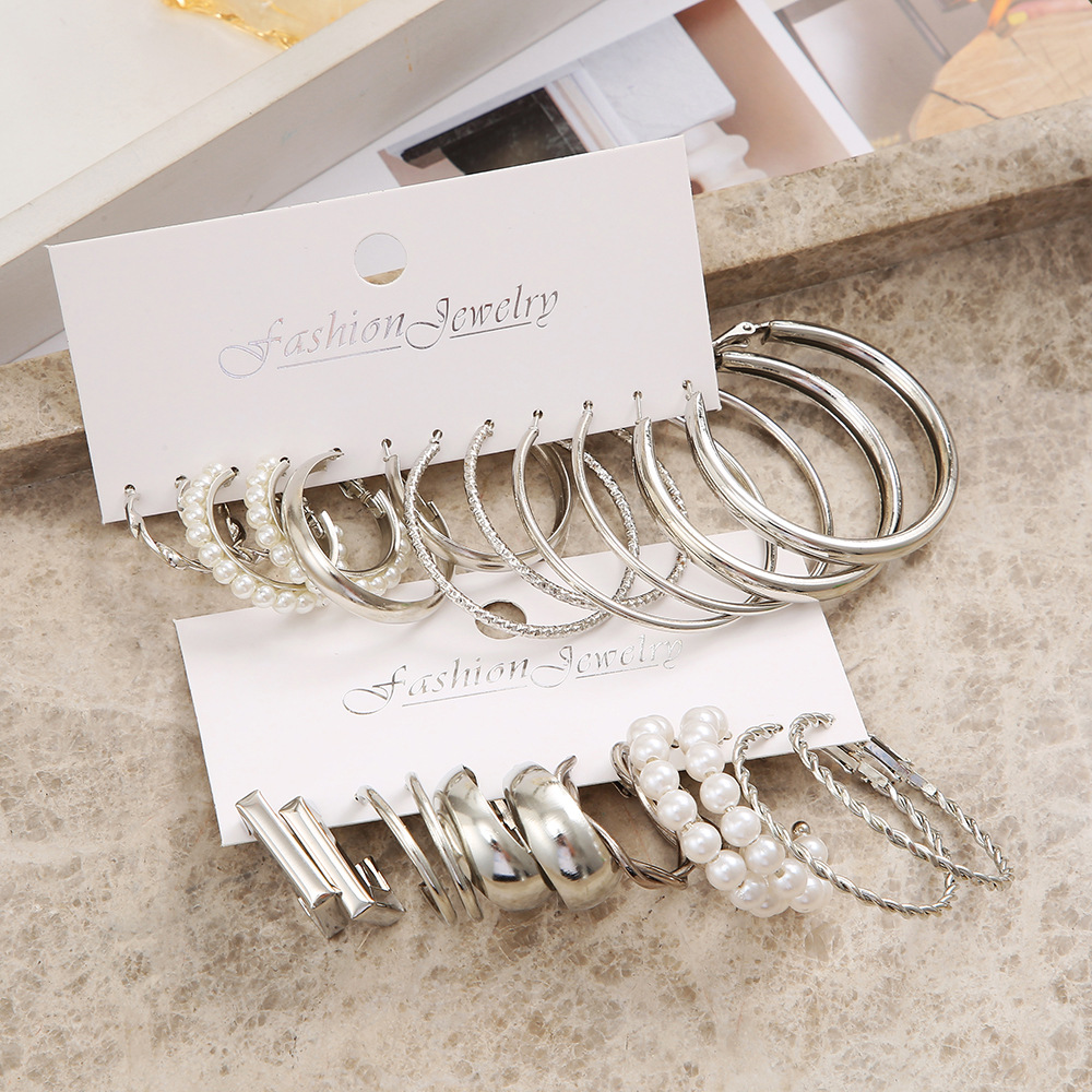 Youdaoplaceholder0 set cross-border new silver earring set, European and American inlaid imitation pearl earring, simple circle earring Specification drawing