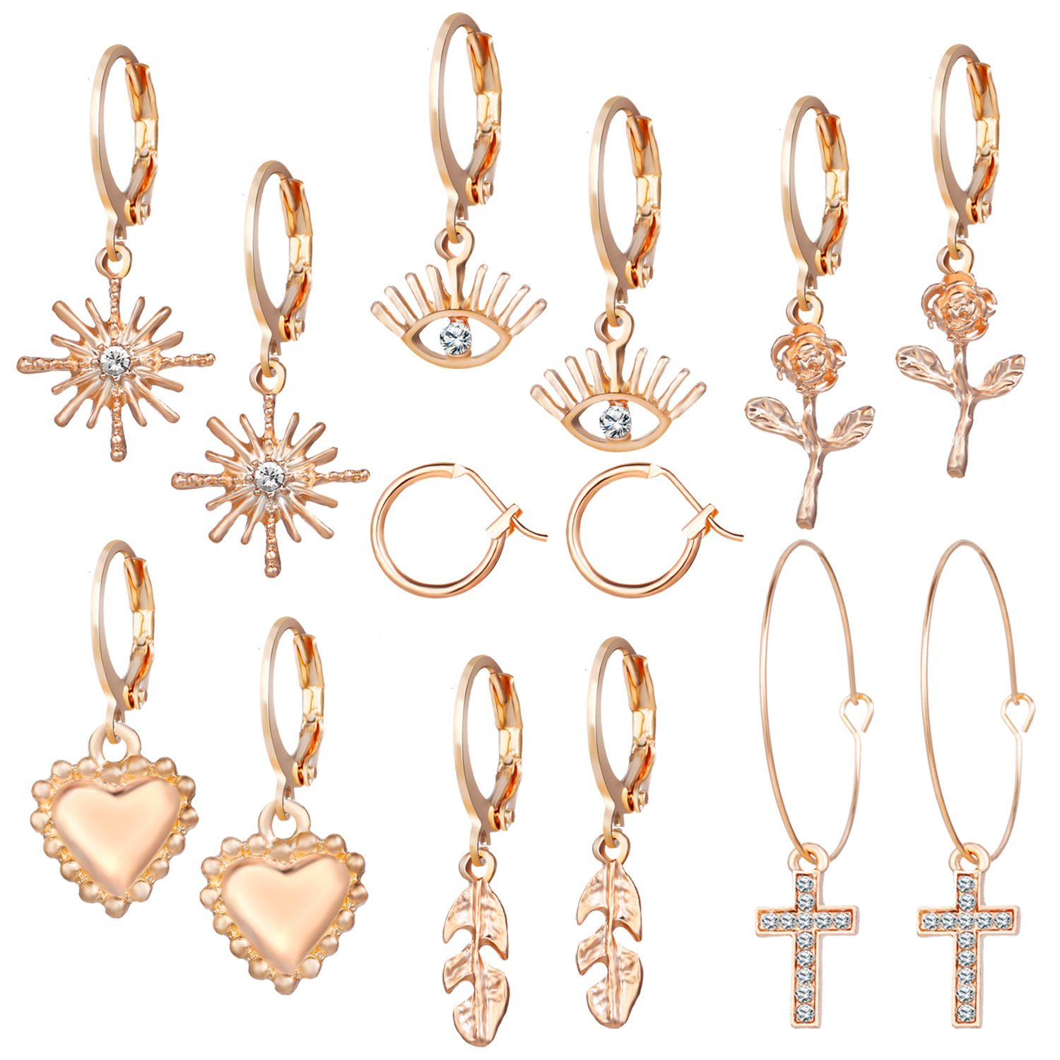 A 7-piece set of cross-border European and American creative InS-style personalized heart-shaped ear rings, tulip cross leaf earrings Specification drawing