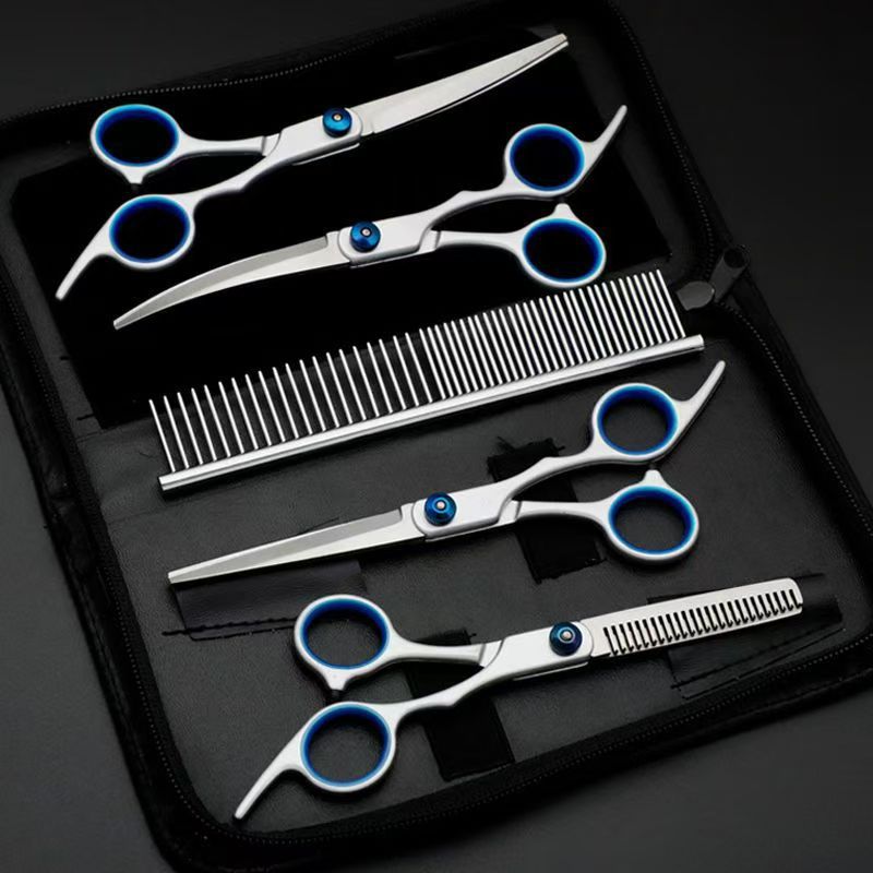 Pet scissors set, dog scissors, hair scissors, flat scissors, curved scissors, teeth scissors, upper and lower curved scissors, fish mouth scissors, blue caps, pink caps wholesale full figure
