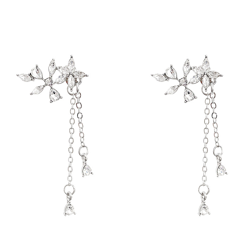 S925 Silver Needle Korean Version New Super Flash Zircon wing Earrings, women's high-end design long tassel stud earrings Item Picture