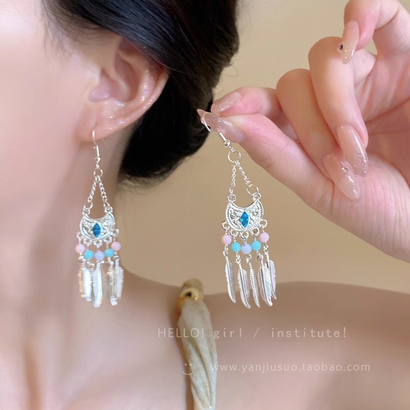 Exotic Dreamcatcher ~ Retro Ethnic style Miao silver tassel earrings, Bohemian turquoise earrings and accessories for women details Picture