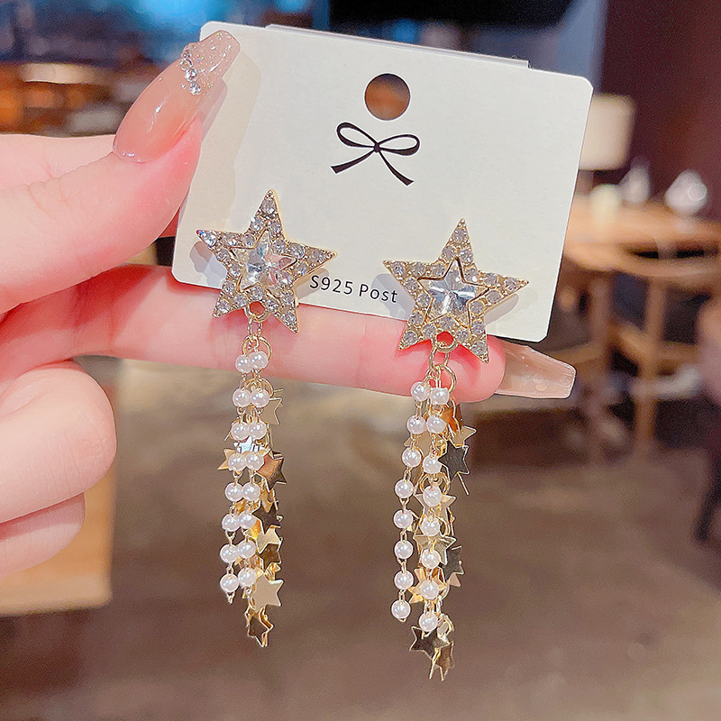 925 Silver Needle Super Sparkling Five-pointed Star Earrings, versatile for women, tassel pearl earrings, Korean style, trendy earrings full figure