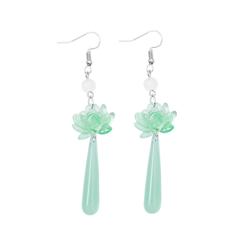 New Chinese-style water drop tassel ear hook female artistic, retro and fresh Chinese style cheongsam Hanfu accessories lotus flower earrings Item Picture