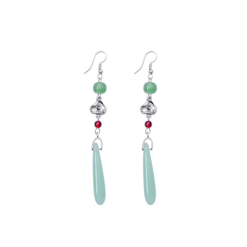 New Chinese-style imitation jade pendant earrings for women, retro Chinese-style beaded cheongsam ear studs, long tassel ear hanging earrings Item Picture