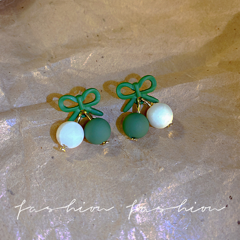 Bow color-blocking ball earrings, unique and niche design, small and cute girl stud earrings, 925 silver needle earrings wholesale Specification drawing