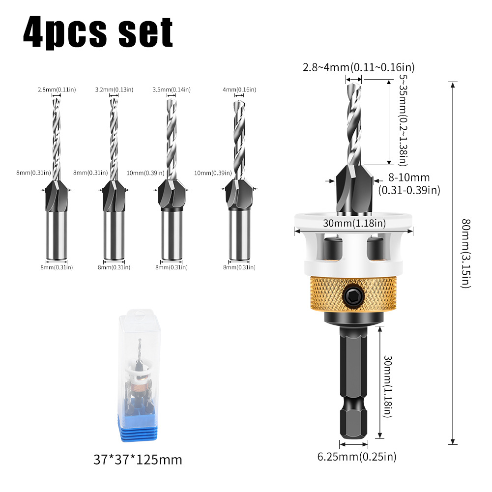 Woodworking limit four-edge counterbore drill, alloy head conical drill, adjustable depth step drill, hidden screw counterbore undefined