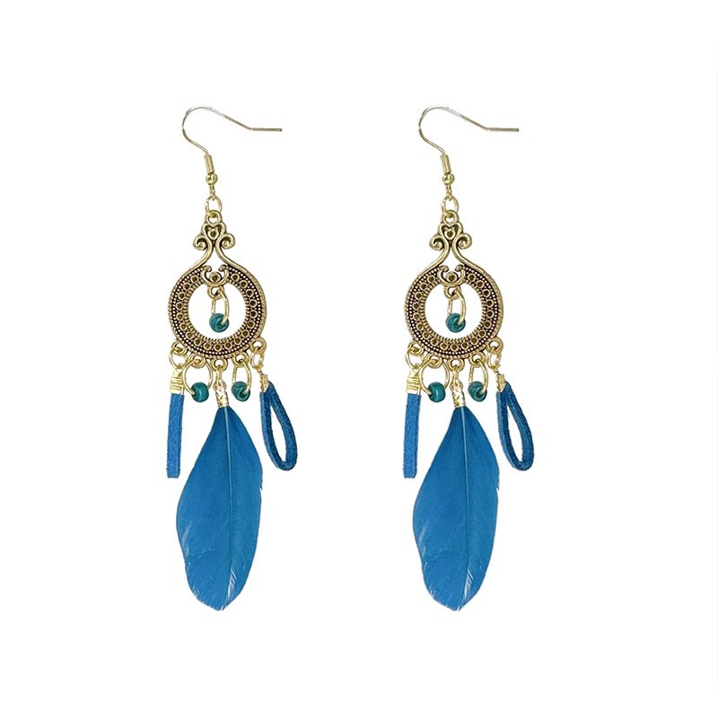 Super fairy tassel feather silver needle earrings, women's niche retro exotic ethnic style stud earrings, Bohemian earrings and ear hangers Item Picture