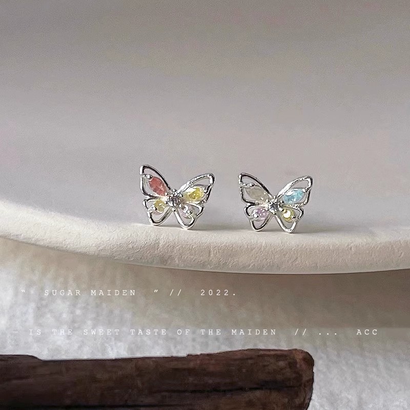 s925 Silver Needle Small colored Zircon butterfly stud earrings for women, light luxury and high-end exquisite earrings, versatile and elegant earrings Specification drawing