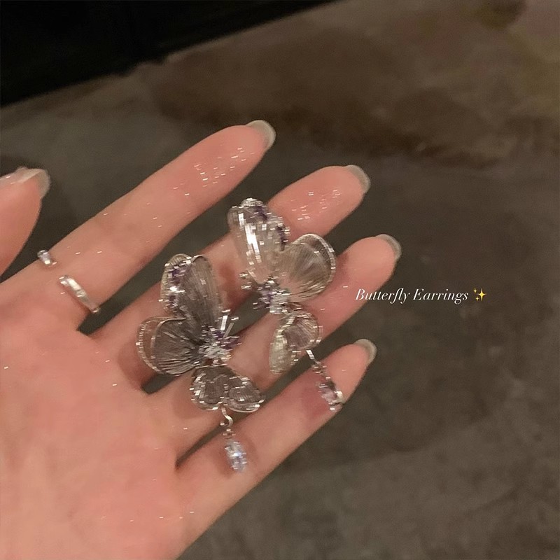 925 Silver Needle Ethereal Purple zirconia Dynamic hollowed-out Butterfly Unique Earrings, women's light luxury high-end stud earrings details Picture