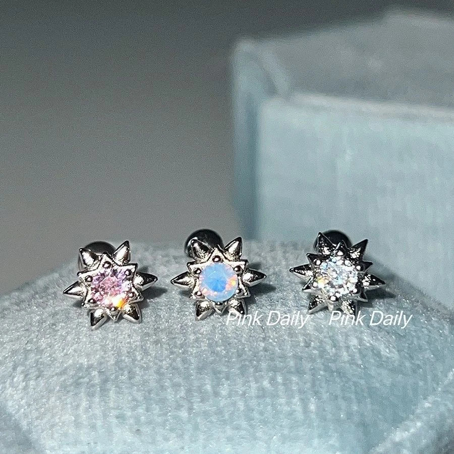 Diamond-encrusted hexagonal ear bone stud 925 Silver needle super flash Zircon screw cochlear stud mini ear care earrings wholesale full figure
