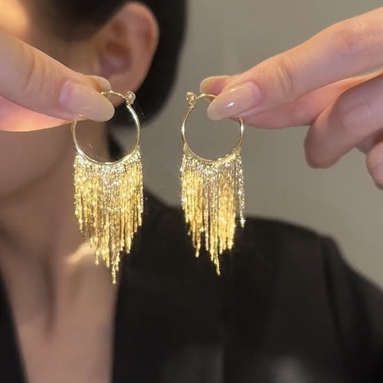 Metal cold style exaggerated tassel earrings, European and American design sense fashionable retro earrings, individual light luxury long earrings details Picture