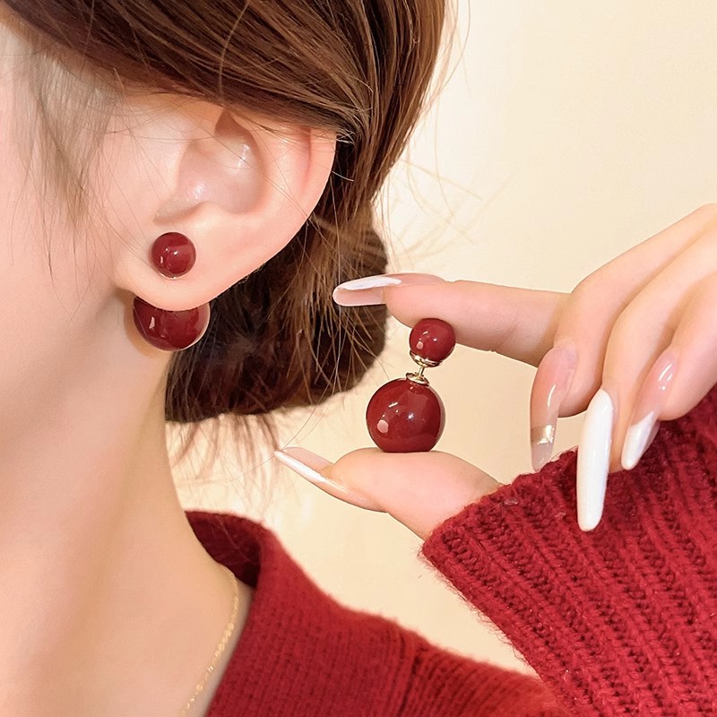 Double-sided large and small pearl stud earrings, Ankela red double-wear earrings, light luxury, high-end, niche and unique style earrings details Picture