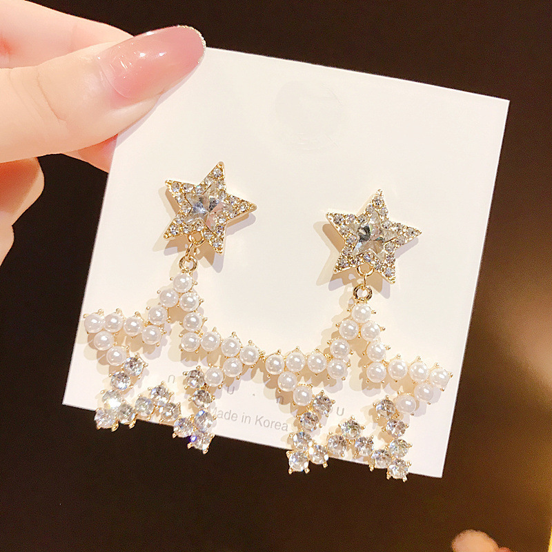 Star water diamond earrings, women's pearl silver needle earrings, five-pointed star hollowed-out geometric pearl diamond spring stud earrings details Picture